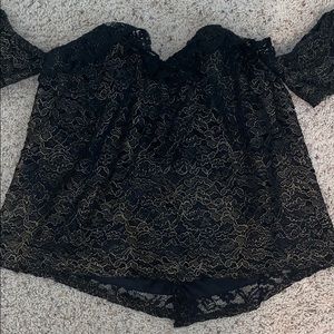 Off the shoulder black and gold lace top